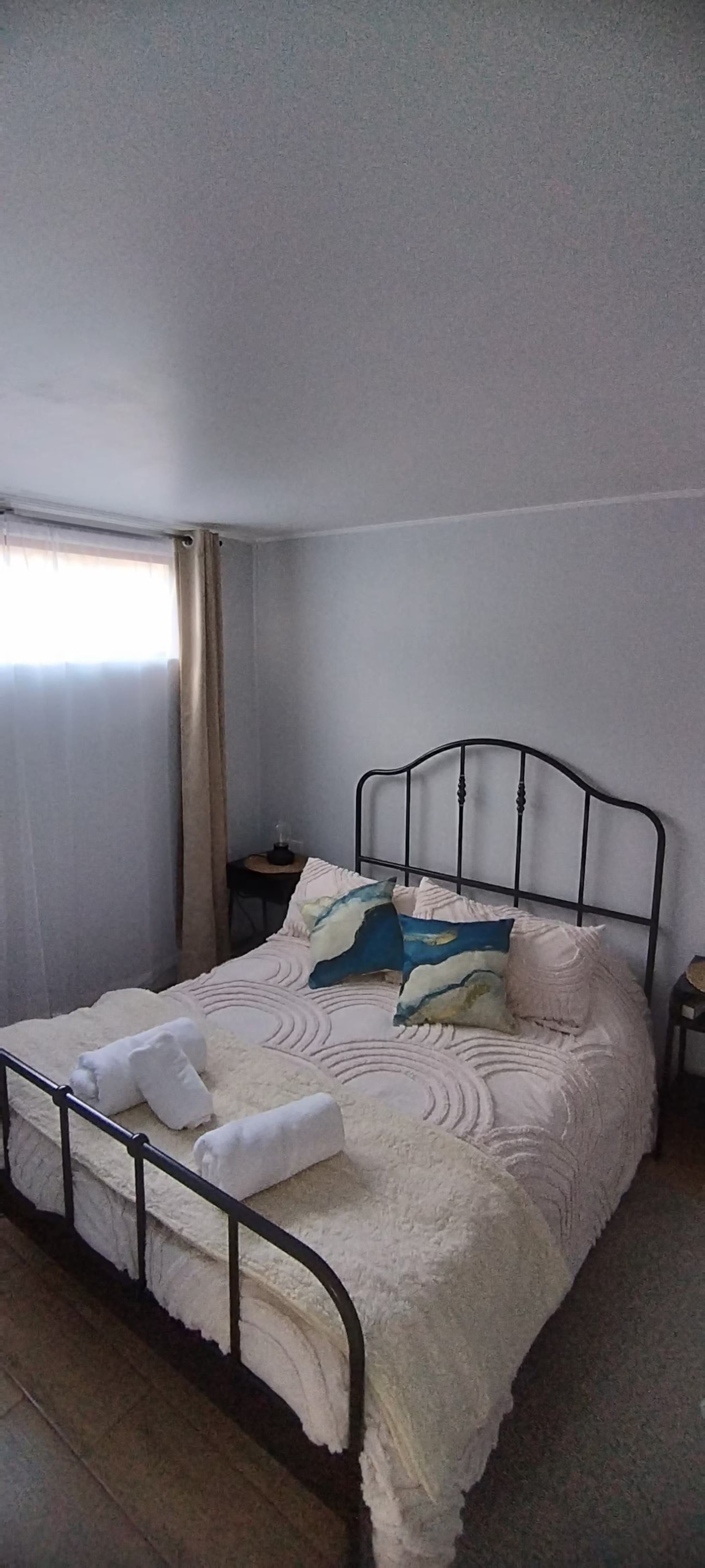Un dormitorio con cama de respaldo de fierro y cojines con motivos del lago